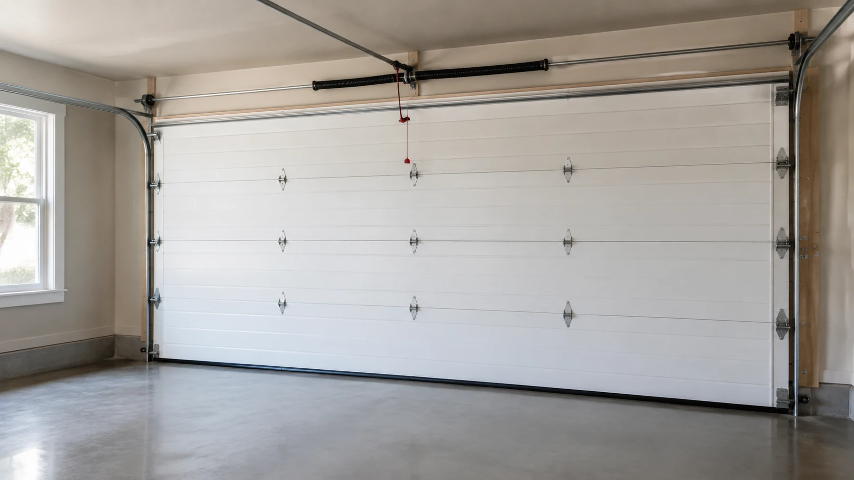 Clean sectional garage door panels, tracks, and installation hardware in a residential garage.