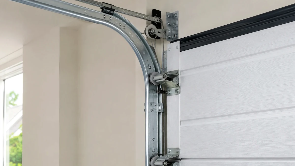 Redwood City garage door repair hardware showing tracks, rollers, hinges, and sectional door parts